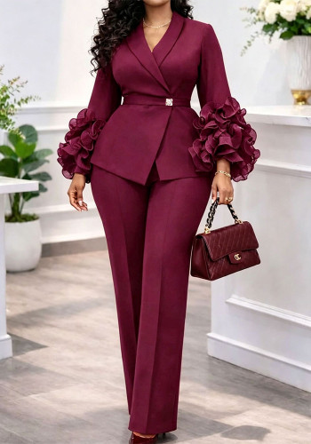 Women's Fall Burgundy Slim-Waist Floral Blazer & High-Waisted Straight-Leg Pants Two-Piece Set