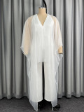 Women's Plus Size White Mesh Cape Deep V-Neck Wide-Leg Formal Party Jumpsuit