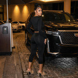 Women's Sexy Solid Color Deep V-Neck Wrap Long Sleeve Top & Cropped Tight-Fitting Pants Set