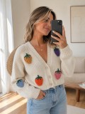 Women's Sweet Strawberry Knit Loose V-Neck Single-Breasted Cardigan Sweater