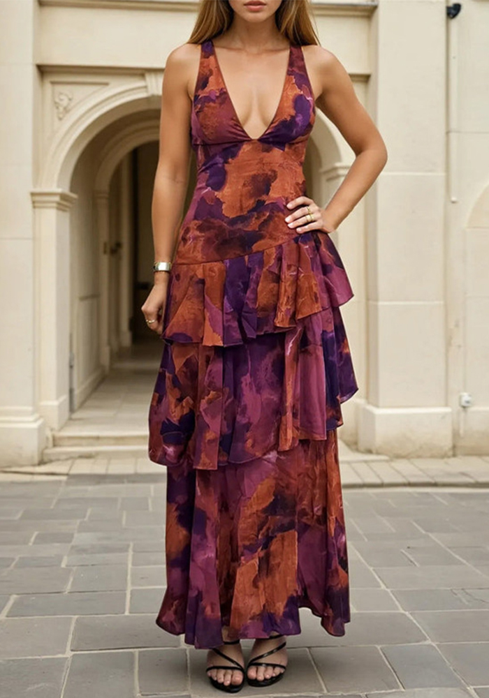 Printed Strap Cascading Ruffle Dress for Summer Events