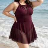 Women's Plus Size Halter Neck Low Back Mesh Skirt One-Piece Swimsuit