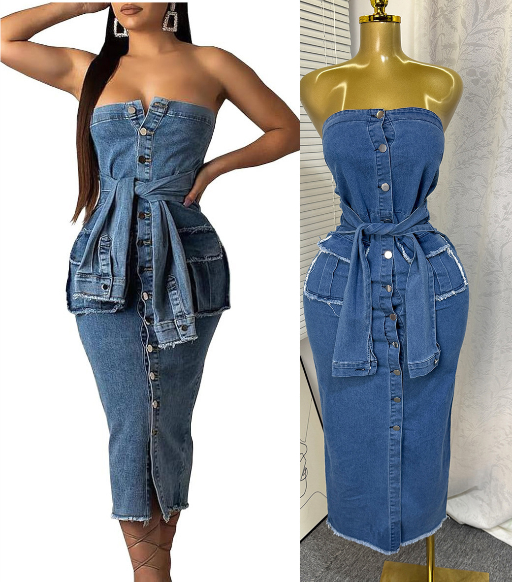 Strapless Pocket Bodycon Denim Dress for Summer Casual