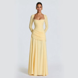 Women's Fall/Winter Solid Color Ruched Slim-Fit Square Neck Long Sleeve Dress