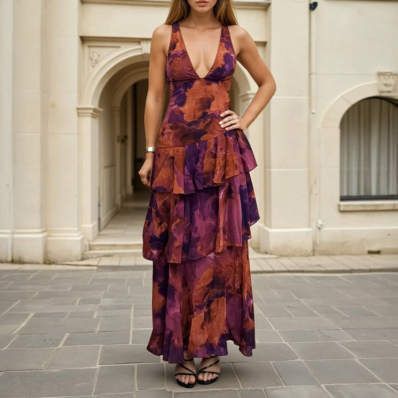 Printed Strap Cascading Ruffle Dress for Summer Events