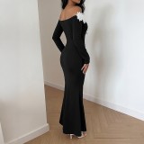 Women's Fall/Winter Floral Off-Shoulder Long Sleeve Slim-Waist Mermaid Dress