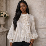 Women's Elegant Long Sleeve Shirt with Floral Embellishment