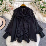 Women's Fall/Winter Chic V-Neck Ruffle Blouse with Bow Detail