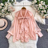 Women's Fall/Winter Chic V-Neck Ruffle Blouse with Bow Detail