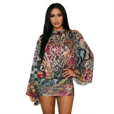 Women's Fall Sexy Leopard Print Ombre Lace-Up Low Back Bell Bottom Long Sleeve Dress