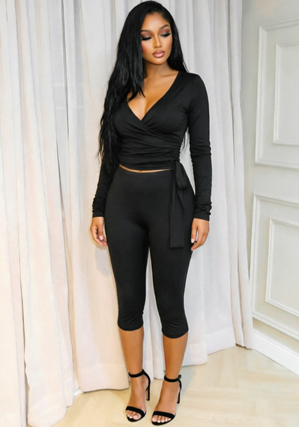 Women's Sexy Solid Color Deep V-Neck Wrap Long Sleeve Top & Cropped Tight-Fitting Pants Set