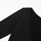Women's Sexy Solid Color Deep V-Neck Wrap Long Sleeve Top & Cropped Tight-Fitting Pants Set