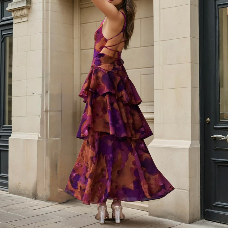Printed Strap Cascading Ruffle Dress for Summer Events