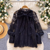 Women's Elegant Mesh Long Sleeve Lace Embroidered Top with Bow Detail