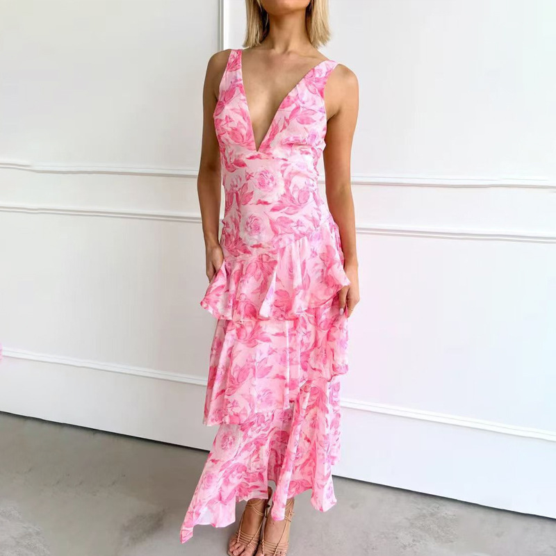 Printed Strap Cascading Ruffle Dress for Summer Events