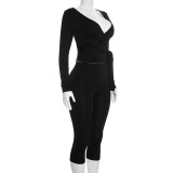Women's Sexy Solid Color Deep V-Neck Wrap Long Sleeve Top & Cropped Tight-Fitting Pants Set
