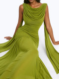 Women's Sexy Mesh Cowl Neck Sleeveless Ruched Slim-Waist Formal Party Dress