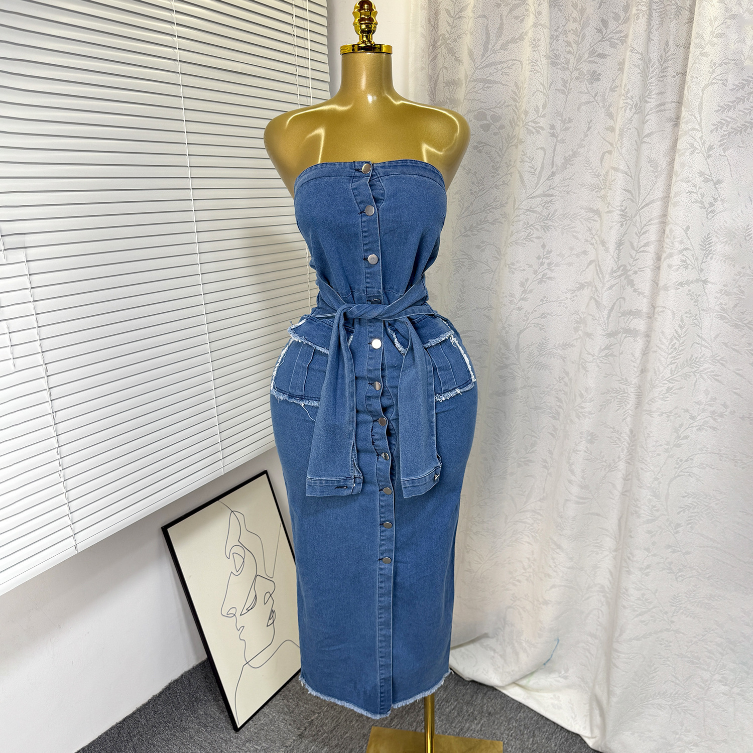 Strapless Pocket Bodycon Denim Dress for Summer Casual