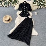 Women's Spring/Summer Career Elegant Chic Stand Collar Short Sleeve Top & Pleated Skirt Two-Piece Set