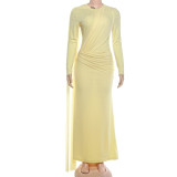 Women autumn long-sleeve  neck tie round neck and pleated bodycon dress