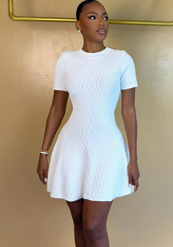 Women's Summer Red Knit Short Sleeve Slim-Fit High-Waisted A-Line Career Dress