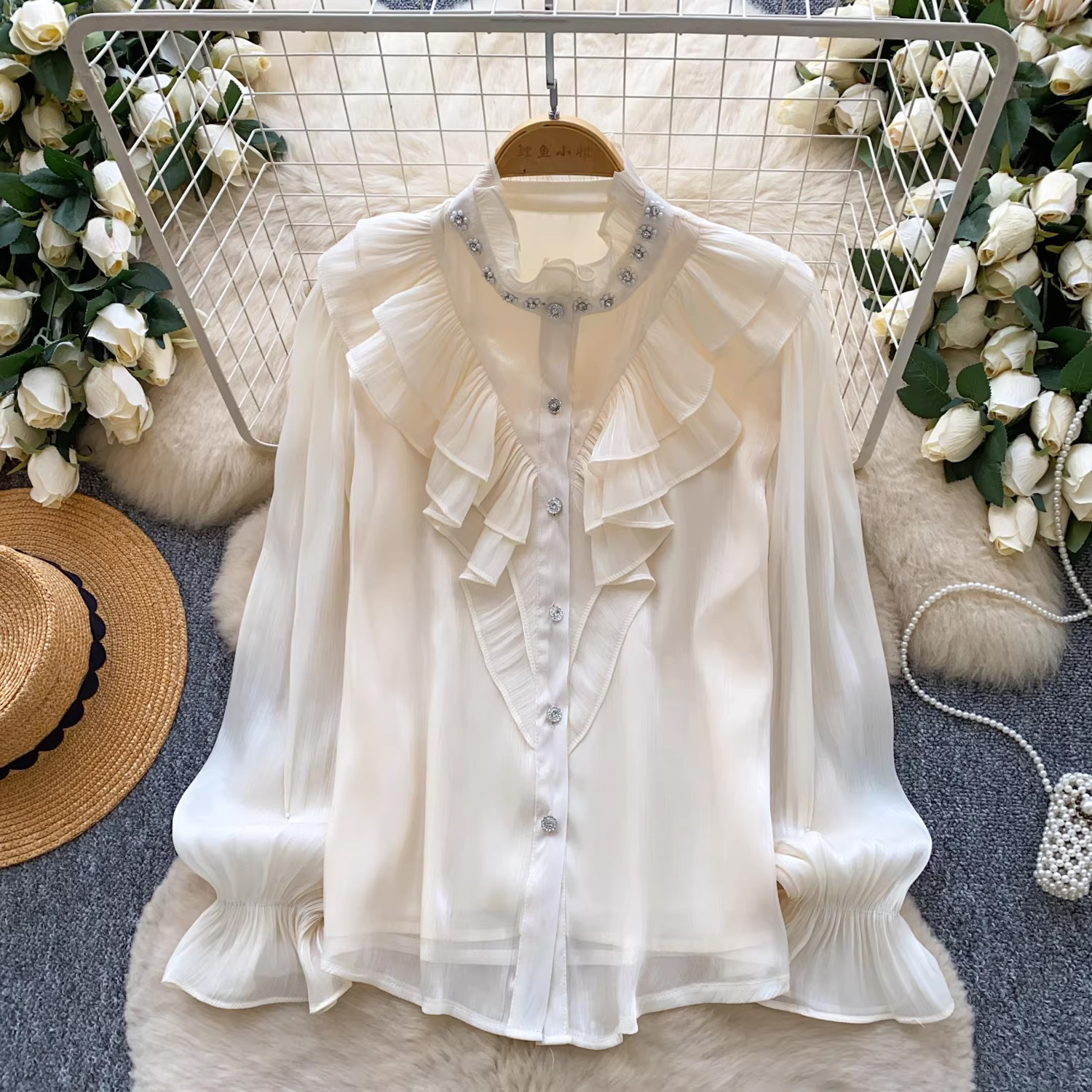 Embellished Long Sleeve Ruffle Shirt for Career Wear