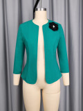 Women's Plus Size Green Short Sleeve Round Neck Floral Career Blazer Top