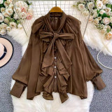 Women's Fall/Winter Chic V-Neck Ruffle Blouse with Bow Detail
