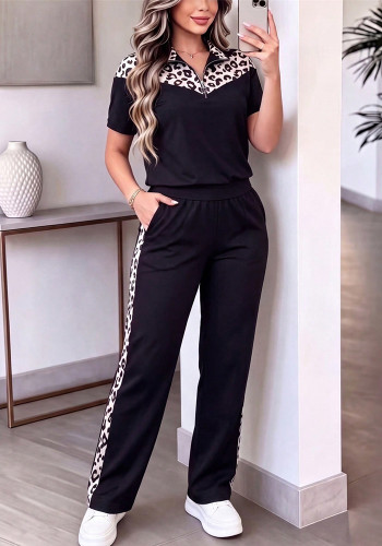 Women's Spring/Summer Leopard Print Turndown Collar Short Sleeve Top & Pocket Pants Set