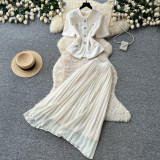 Women's Spring/Summer Career Elegant Chic Stand Collar Short Sleeve Top & Pleated Skirt Two-Piece Set