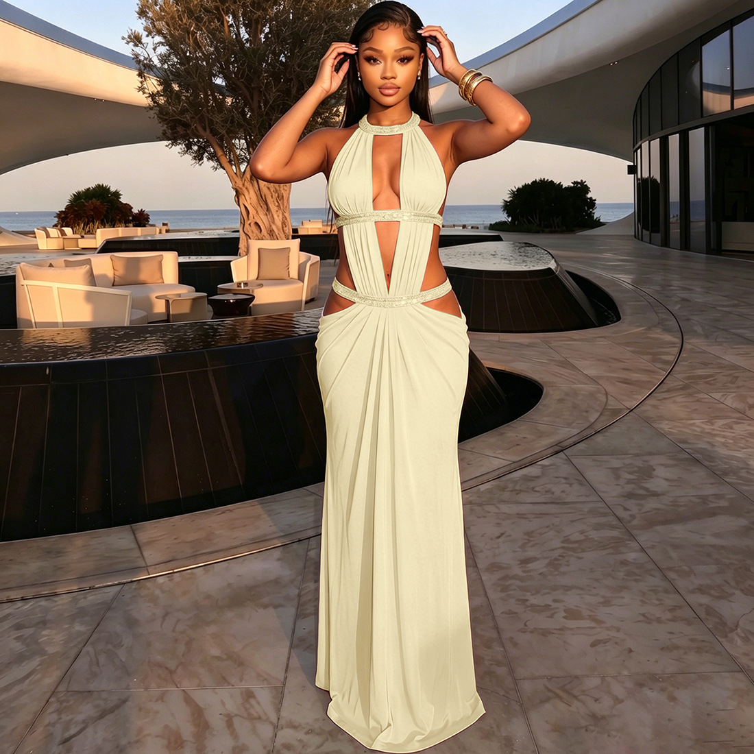 V-Neck Ruched Patchwork Dress for Summer Parties