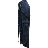 Women Causal Cargos Denim Pants With Pockets Camisole Top