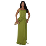 Women Casual Draped Ruched Slit Stretchy Bodycon Maxi Dress