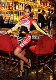 Women Color Block Printed Long Sleeve Top and Shorts Letter Print Two Piece Set