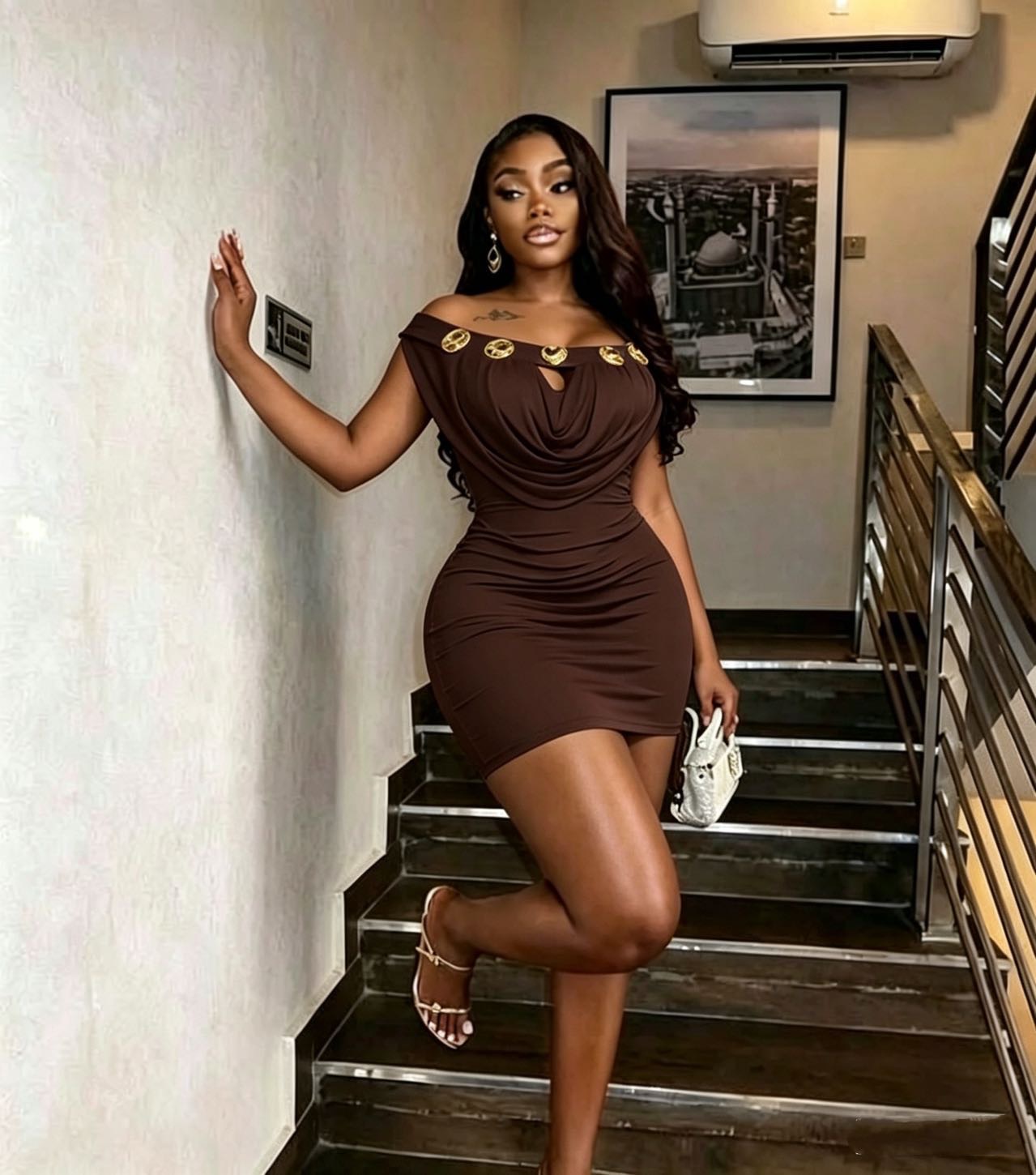 Off-Shoulder Metal Buckle Bodycon Dress for Evening Parties