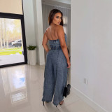 Women Denim Strapless Off Shoulder Wide Leg Denim Jumpsuit