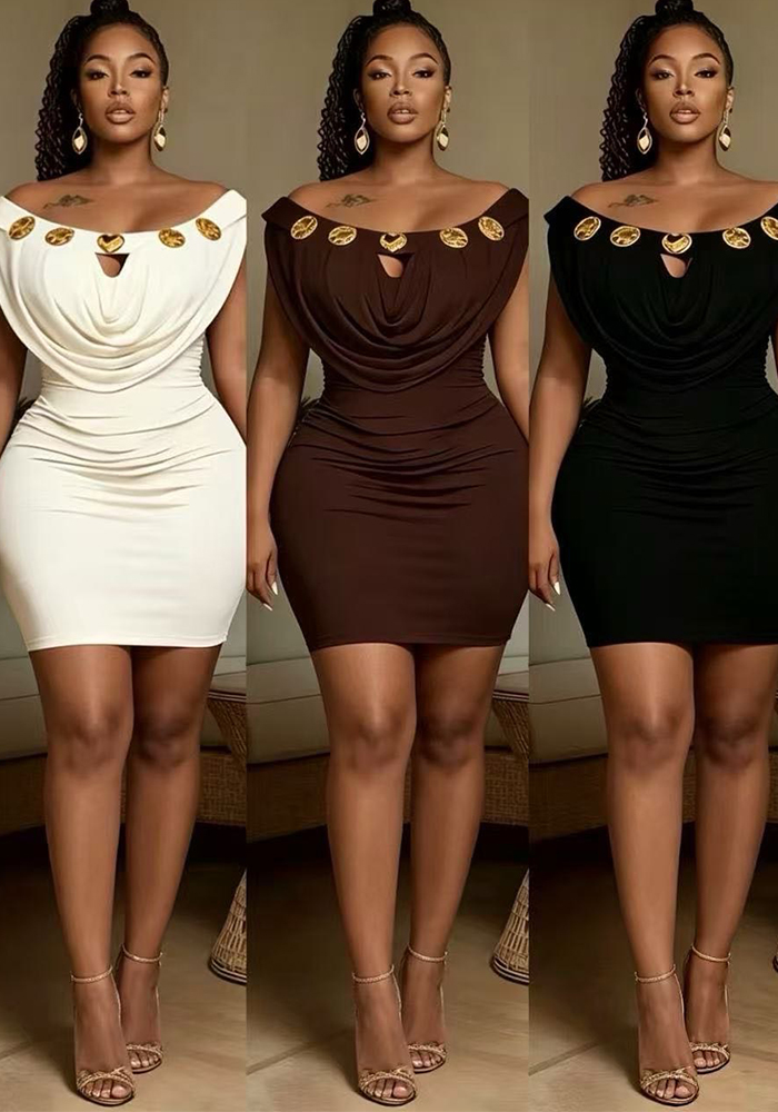 Off-Shoulder Metal Buckle Bodycon Dress for Evening Parties