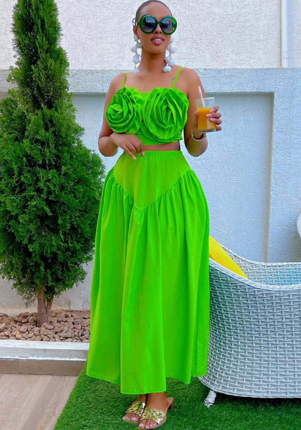African Women Green Strapless Floral Crop Top and Skirt Two Piece Set