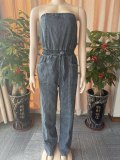 Women Denim Strapless Off Shoulder Wide Leg Denim Jumpsuit