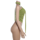 Women Summer Sexy Wrap Bust Backless Halter Neck Tie‑Up Casual Crop Top