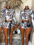 Women Tie‑Dye Printed Mesh Long Sleeve Crop Top and Shorts Two Piece Set