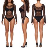 Women Sexy Black Leopard Lace See‑Through Long Sleeve Bodysuit Lingerie