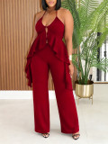 Women Casual Holidays Halter Neck Irregular Top and Wide Leg Pants Two Piece Set