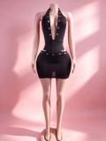 Women Sexy V‑Neck Hollow Metal Halter Neck Top And Skirt Two Piece Set