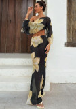 Women Spring Summer Sexy Off Shoulder Crop Top Drawstring Printed Skirt Two Piece Set