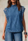Women Stand Collar Strap Buckle Sleeveless Denim Vest