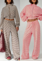 Women Casual Striped Stand Collar Zipper Long Sleeve Top and Wide Leg Pants Two Piece Set Women Casual Striped Stand Collar Zipper Long Sleeve Top and Wide Leg Pants Two Piece Set