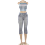 Women Summer Embroidered Strapless Crop Top and Pant Two Piece Set