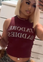Women Letter Beaded Sleeveless Crop Top Women Letter Beaded Sleeveless Crop Top