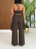 Women Casual Holidays Halter Neck Irregular Top and Wide Leg Pants Two Piece Set